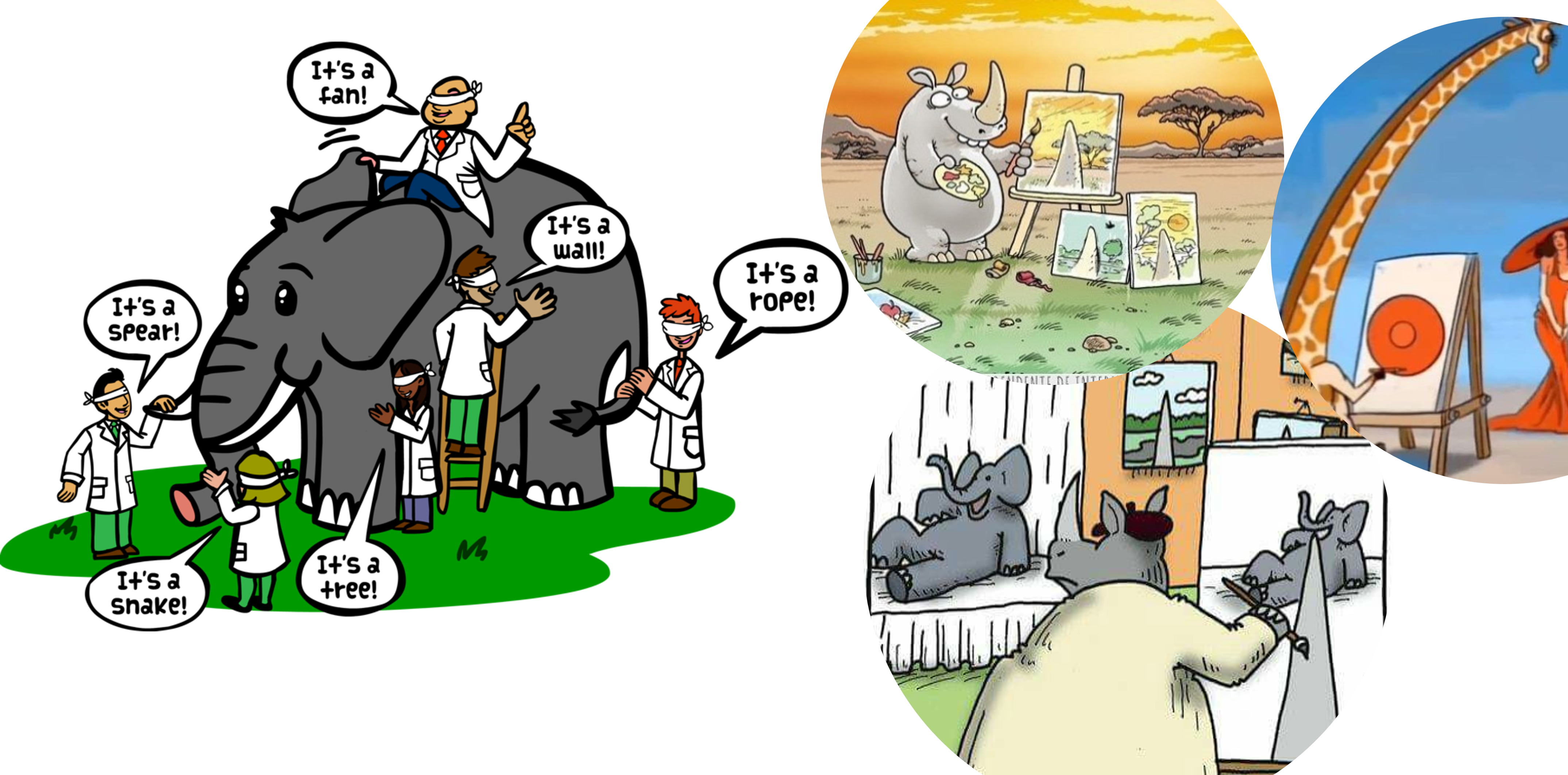 Representación alegorica de: La parábola de los ciegos y el elefante; y el problema de la subjetividad en los puntos de vista.